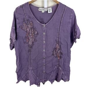 Seventh Avenue Vintage Y2K 2X Babydoll Embroidered Applique Button Down Boho Top